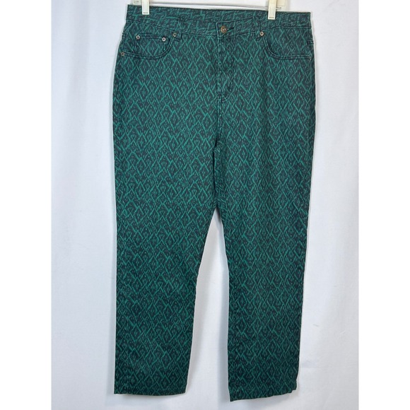 DG2 by Diane Gilman Pants - Green Ikat Diamond Pattern Straight Leg Pants Women Green Black Geometric Print